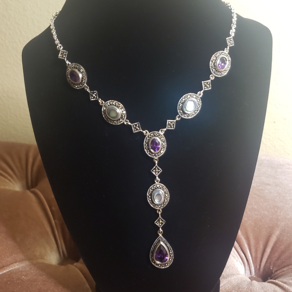 Amythest & Abalone shell silver necklace